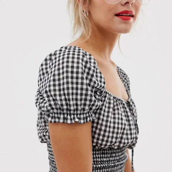 Bershka Gingham Cropped Top Black - Picture 3 of 15